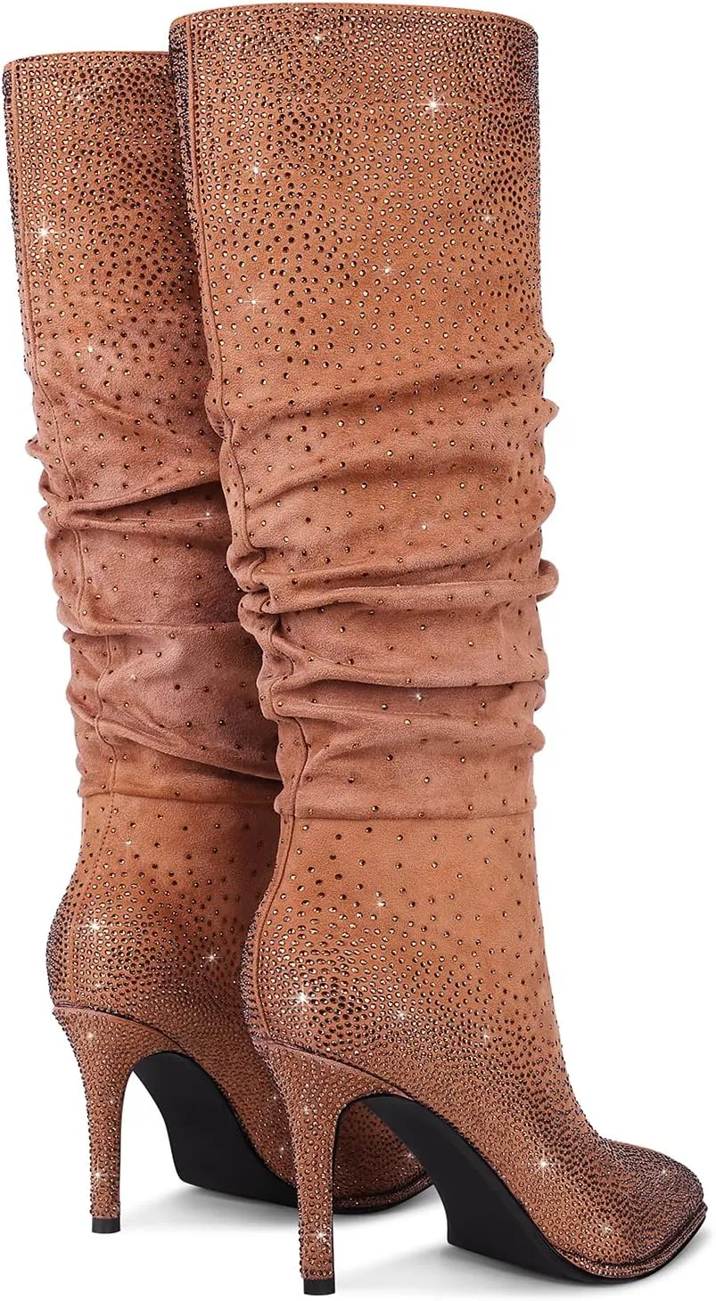 Womens Rhinestone Knee High Boots Sparkly Slouchy Tall Boots Pointed Toe High Heel Wide Calf Glitter Stiletto Boot for Women