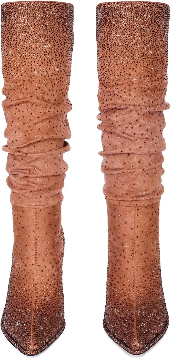 Womens Rhinestone Knee High Boots Sparkly Slouchy Tall Boots Pointed Toe High Heel Wide Calf Glitter Stiletto Boot for Women