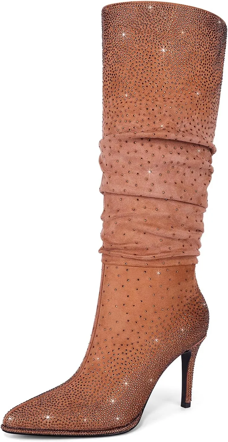 Womens Rhinestone Knee High Boots Sparkly Slouchy Tall Boots Pointed Toe High Heel Wide Calf Glitter Stiletto Boot for Women