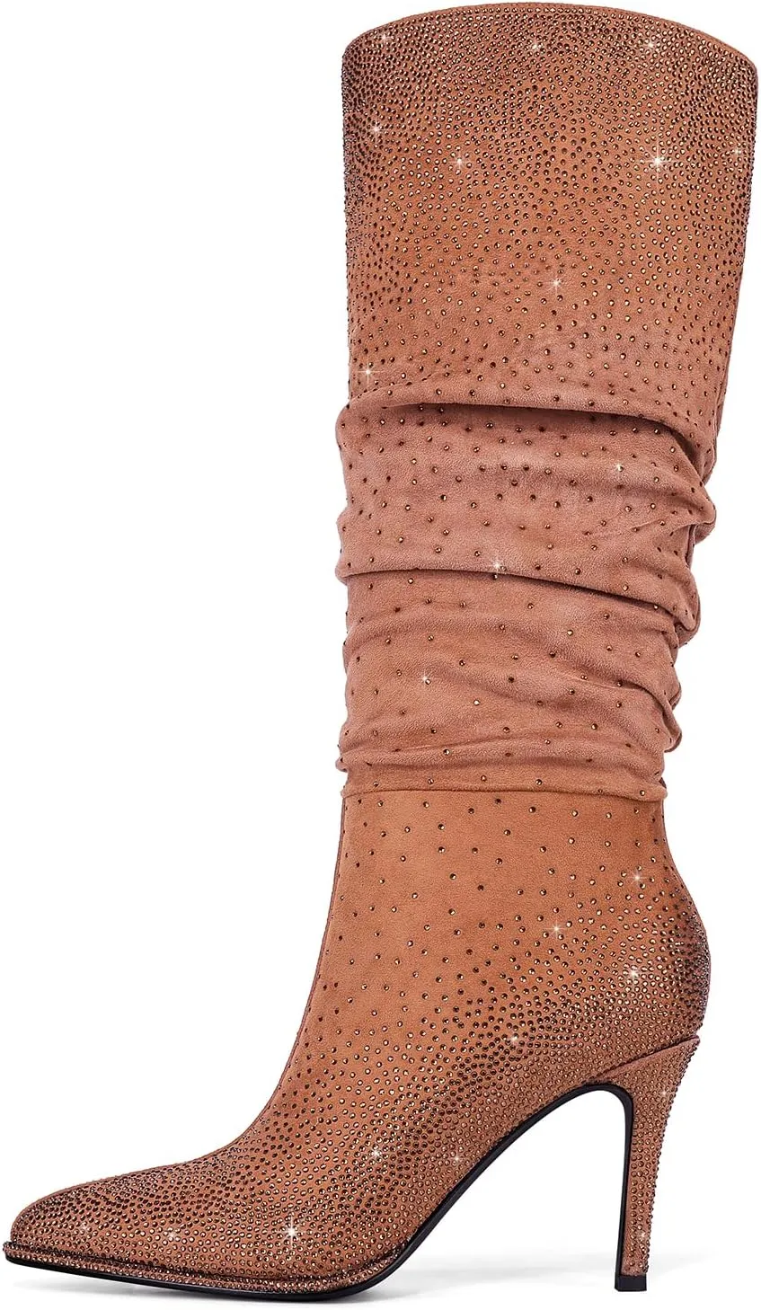 Womens Rhinestone Knee High Boots Sparkly Slouchy Tall Boots Pointed Toe High Heel Wide Calf Glitter Stiletto Boot for Women