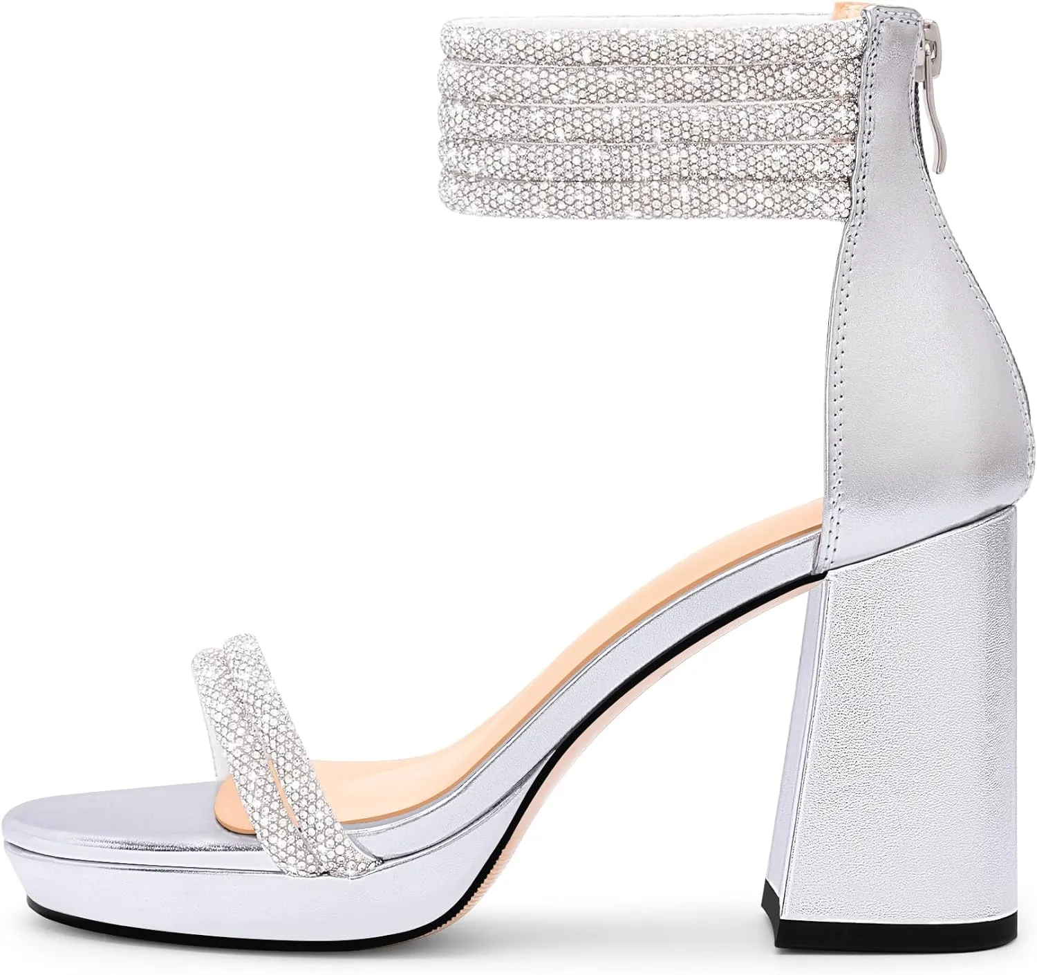 Women's Rhinestone Platform Chunky High Heeled Sandals Open Toe Ankle Strap Sexy Wedding Dress Shoes