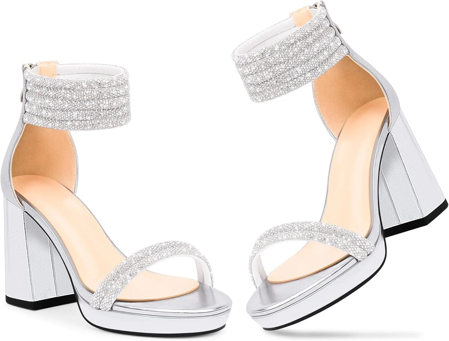 Women's Rhinestone Platform Chunky High Heeled Sandals Open Toe Ankle Strap Sexy Wedding Dress Shoes