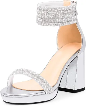 Women's Rhinestone Platform Chunky High Heeled Sandals Open Toe Ankle Strap Sexy Wedding Dress Shoes