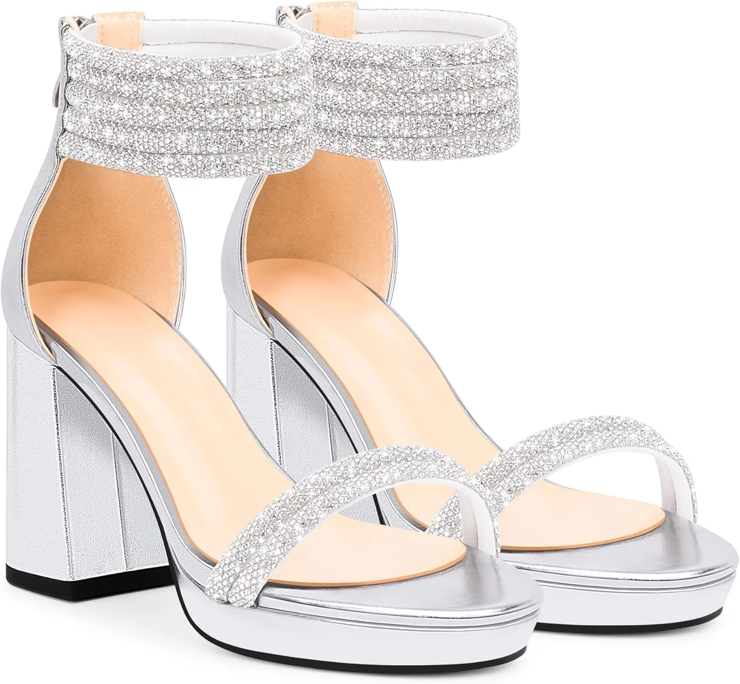 Women's Rhinestone Platform Chunky High Heeled Sandals Open Toe Ankle Strap Sexy Wedding Dress Shoes