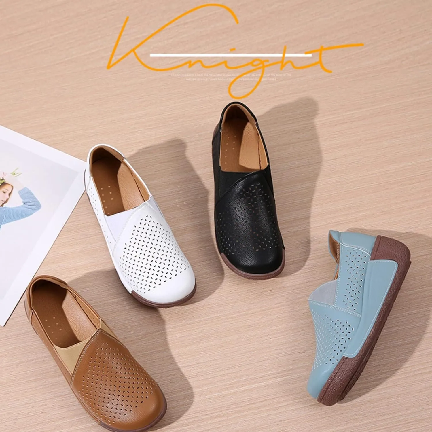 Women's Round Toe Platform Wedge Slip On Loafers, Comfortable Genuine Leather Moccasin Low Top Casual Cutout Loafers.