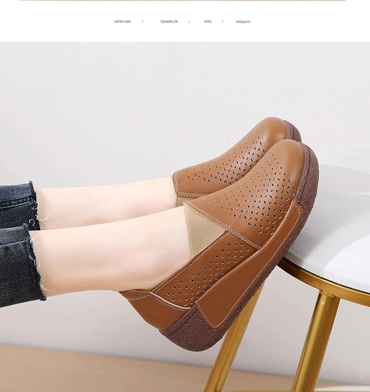 Women's Round Toe Platform Wedge Slip On Loafers, Comfortable Genuine Leather Moccasin Low Top Casual Cutout Loafers.