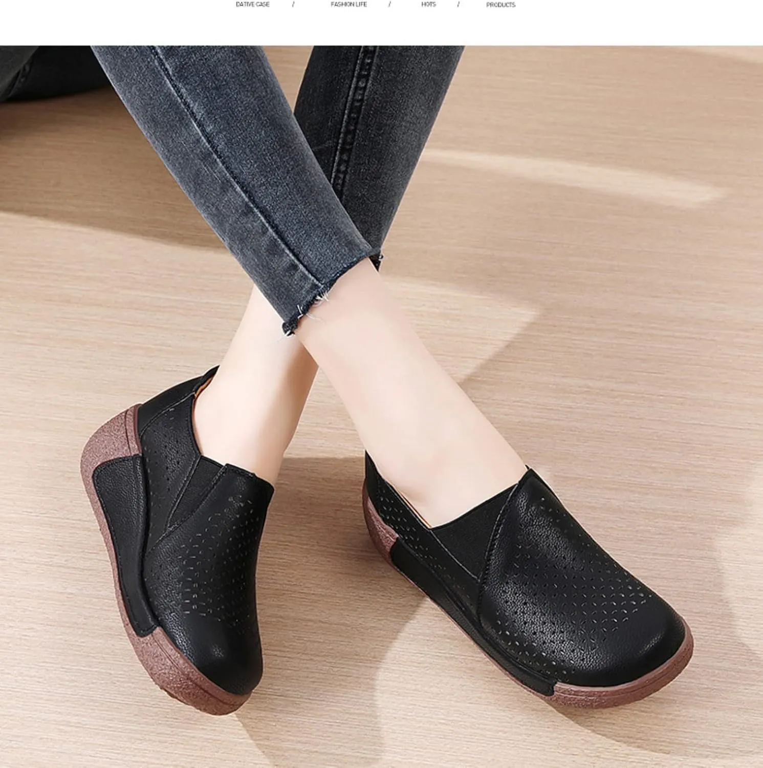 Women's Round Toe Platform Wedge Slip On Loafers, Comfortable Genuine Leather Moccasin Low Top Casual Cutout Loafers.