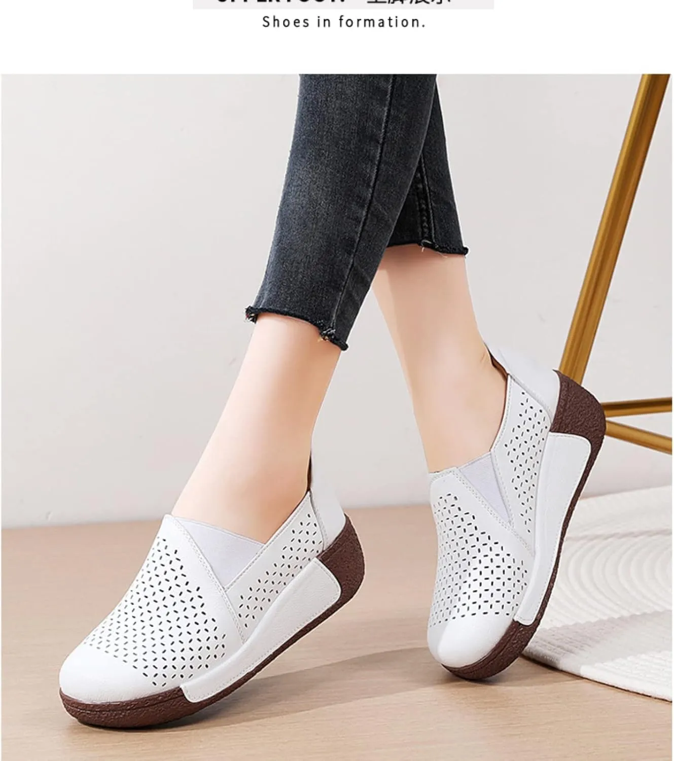 Women's Round Toe Platform Wedge Slip On Loafers, Comfortable Genuine Leather Moccasin Low Top Casual Cutout Loafers.