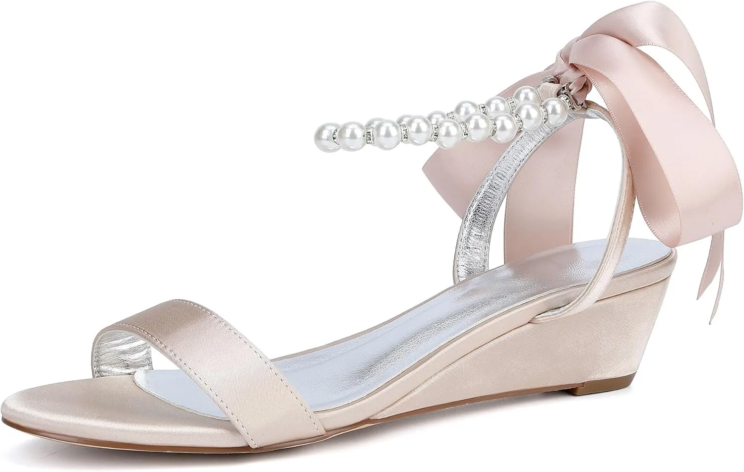 Women's Satin Pearl Wedge Heel Sandals for Women Dressy Low Heel Open Toe Work Summer Wedding Bridal Shoes
