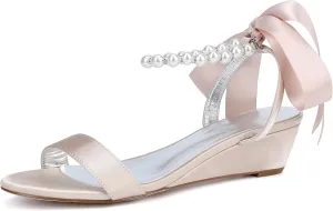 Women's Satin Pearl Wedge Heel Sandals for Women Dressy Low Heel Open Toe Work Summer Wedding Bridal Shoes