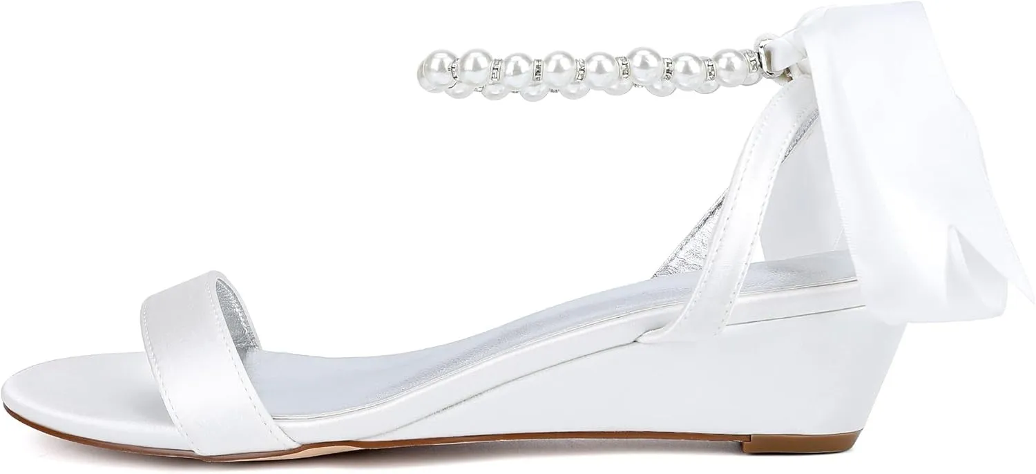 Women's Satin Pearl Wedge Heel Sandals for Women Dressy Low Heel Open Toe Work Summer Wedding Bridal Shoes