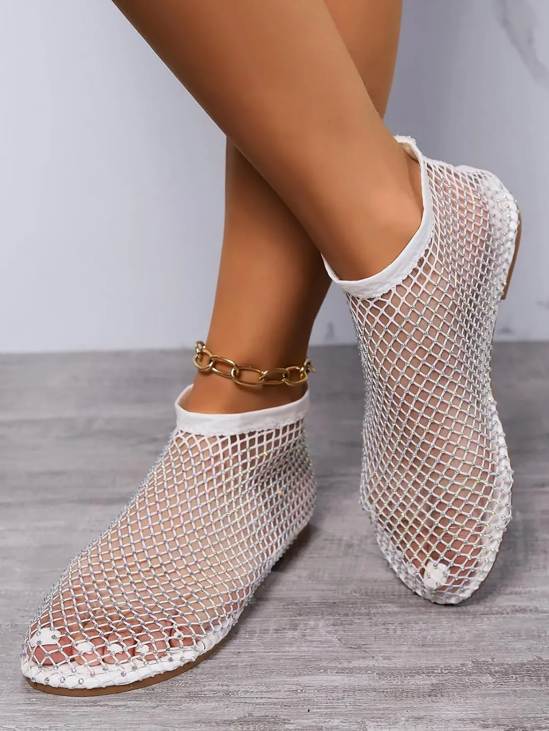 Women's Shiny Sandals Mesh Flats Fishing Net Rhinestone Glossy Round Head Ankle Shoes Rubber Bottom Fashion 2025