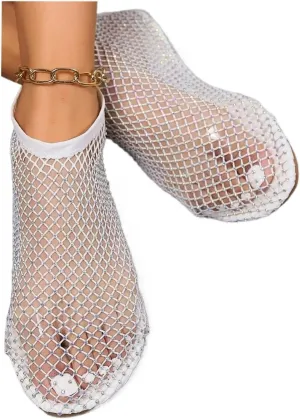 Women's Shiny Sandals Mesh Flats Fishing Net Rhinestone Glossy Round Head Ankle Shoes Rubber Bottom Fashion 2025
