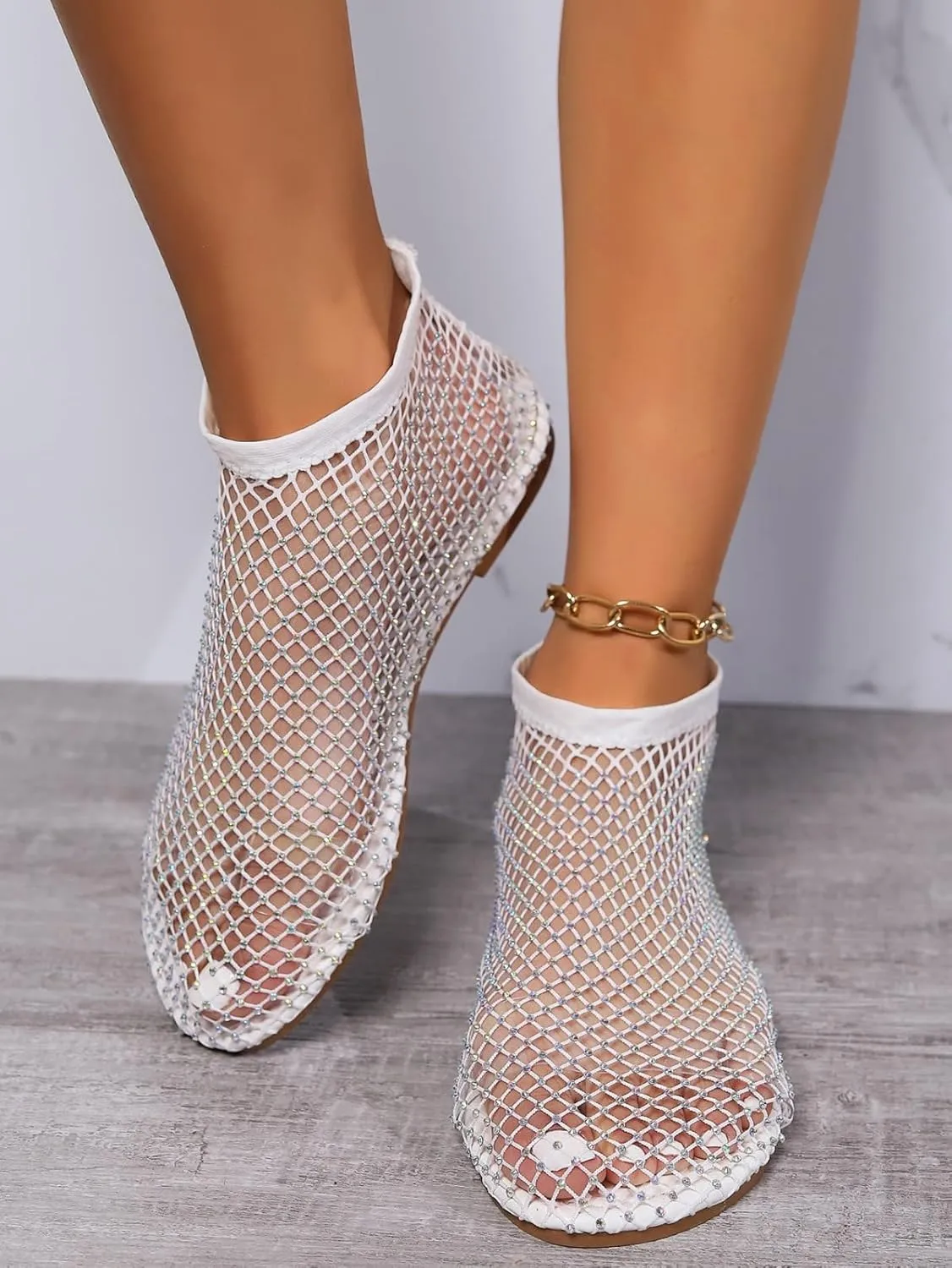 Women's Shiny Sandals Mesh Flats Fishing Net Rhinestone Glossy Round Head Ankle Shoes Rubber Bottom Fashion 2025
