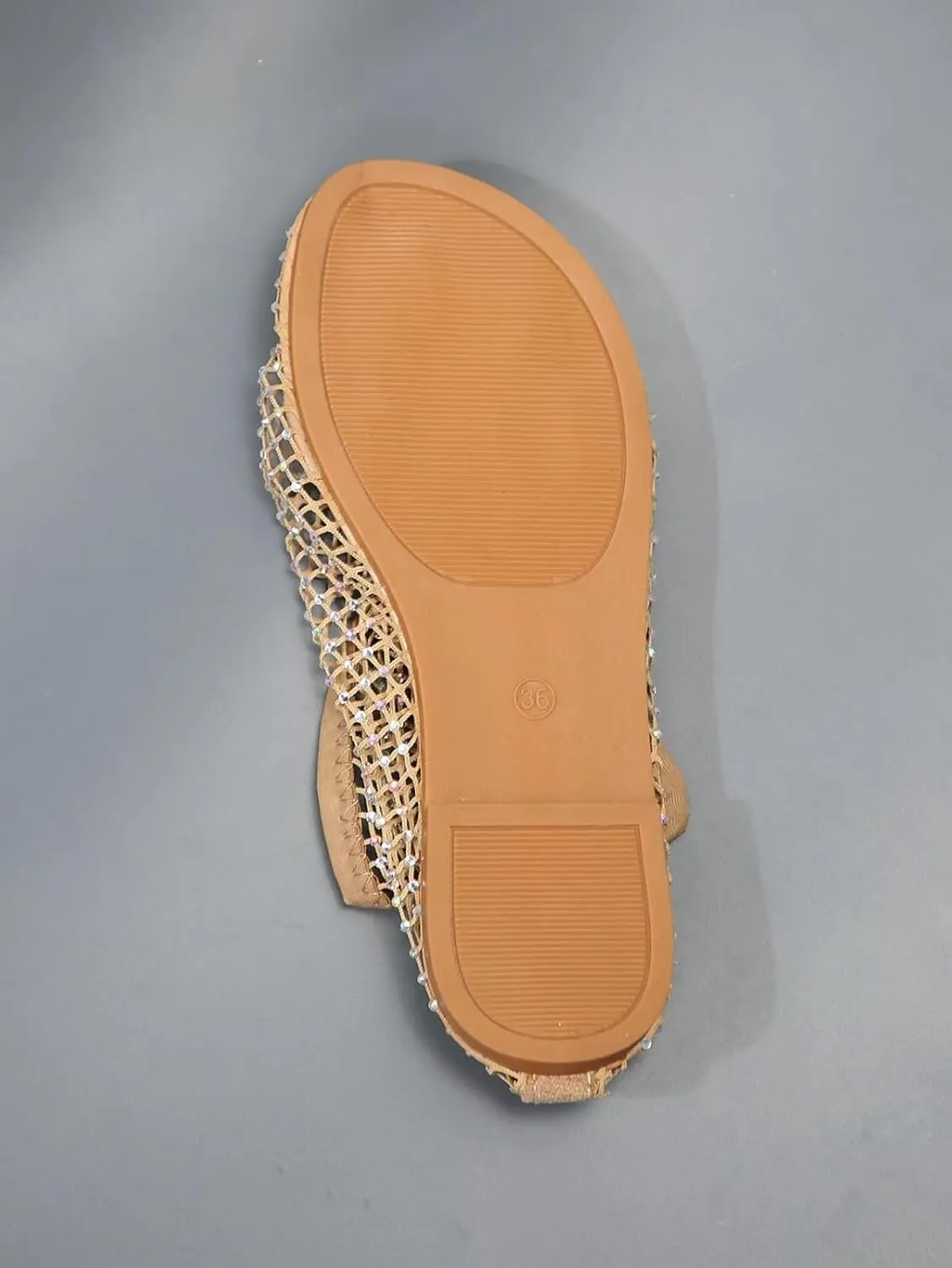 Women's Shiny Sandals Mesh Flats Fishing Net Rhinestone Glossy Round Head Ankle Shoes Rubber Bottom Fashion 2025