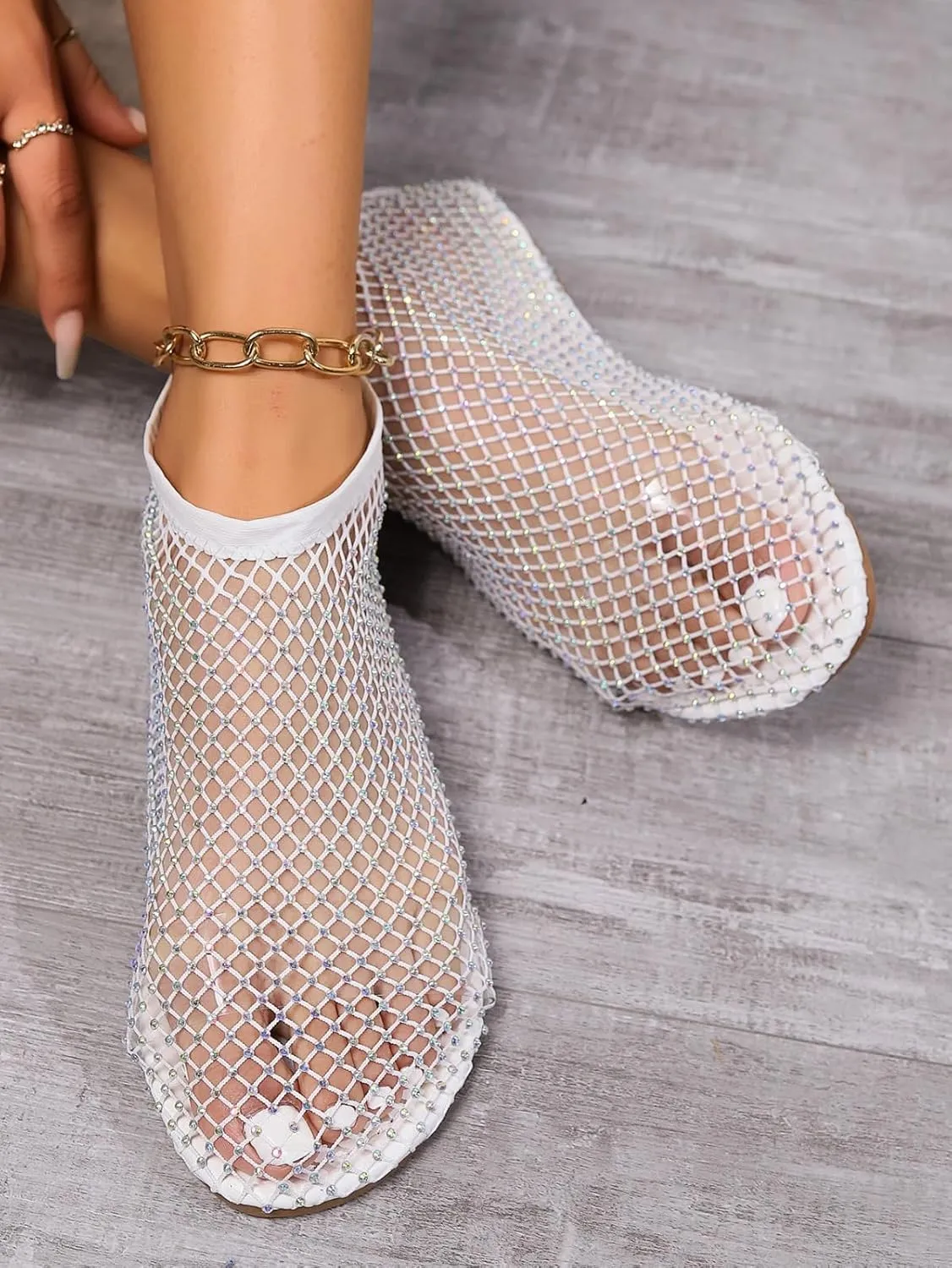 Women's Shiny Sandals Mesh Flats Fishing Net Rhinestone Glossy Round Head Ankle Shoes Rubber Bottom Fashion 2025