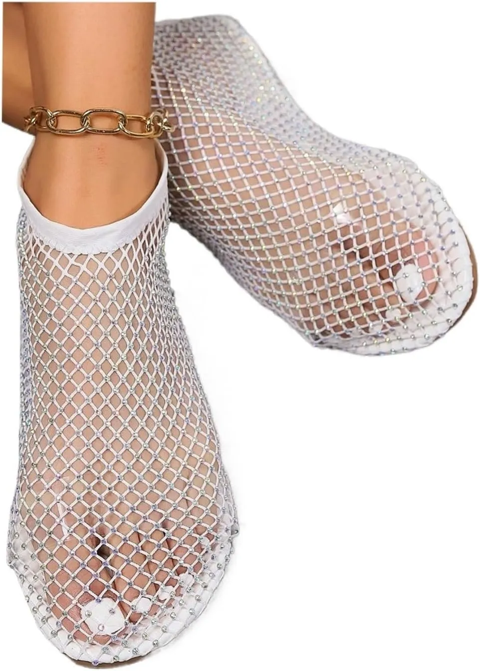 Women's Shiny Sandals Mesh Flats Fishing Net Rhinestone Glossy Round Head Ankle Shoes Rubber Bottom Fashion 2025