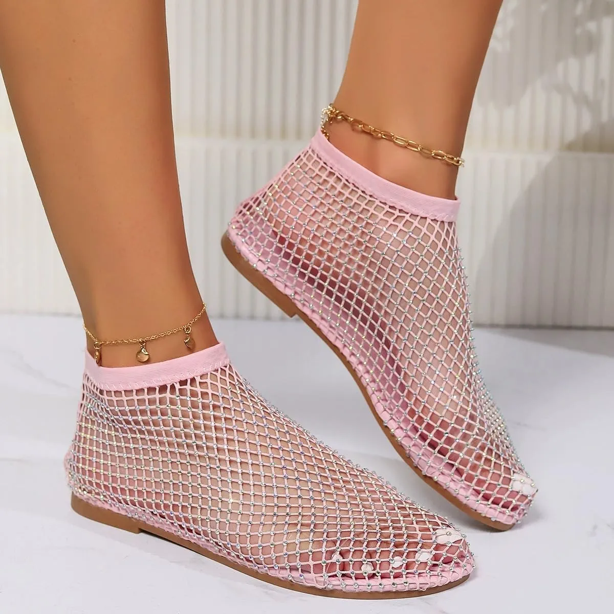 Women's Shiny Sandals Mesh Flats Fishing Net Rhinestone Glossy Round Head Ankle Shoes Rubber Bottom Fashion 2025