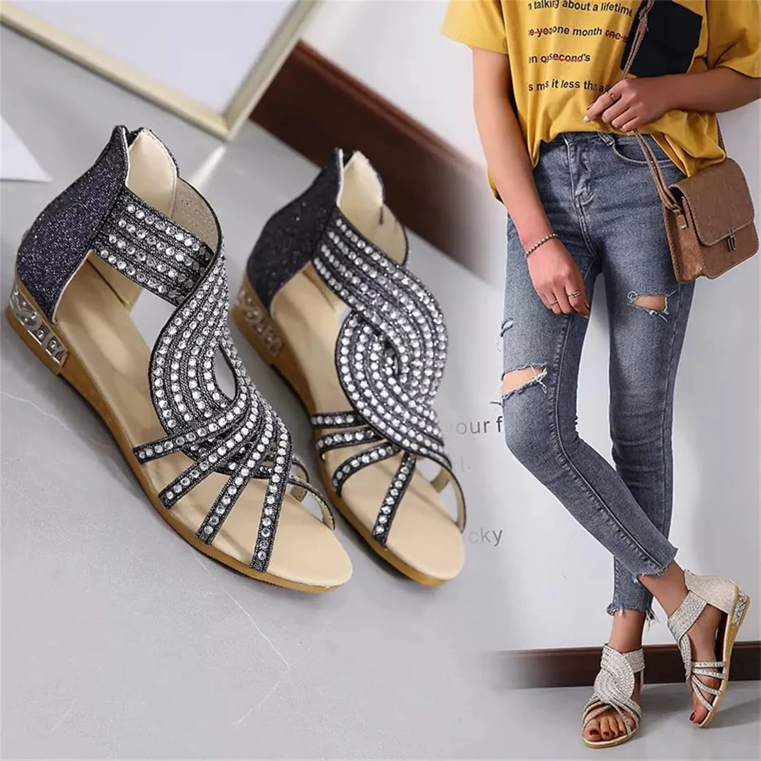 Women's Sling Wedge Sandal Ankle T Strap Fish Mouth Ladies's Bold Buckles Studded Wedge Sandal Beach Shoes Strappy Open Toe Platform Wedges Heeled Sandals Shoes for Women,Black,US10/EU42