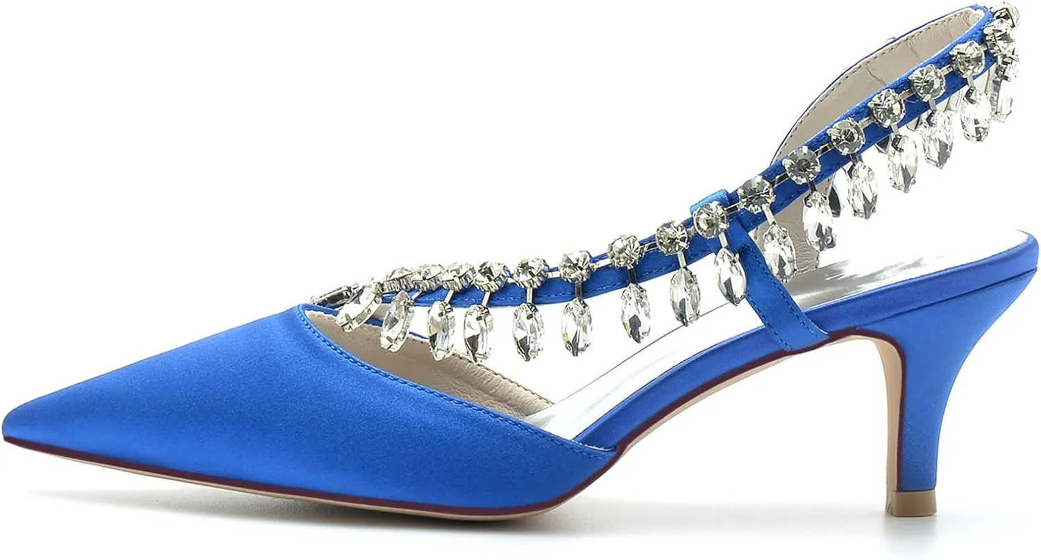 Women's Slingback Wedding Shoes for Bridal Mid Heel Heels Sandals with Crystal Pointed Closed Toe Evening Dress Pumps