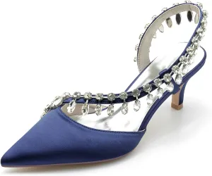 Women's Slingback Wedding Shoes for Bridal Mid Heel Heels Sandals with Crystal Pointed Closed Toe Evening Dress Pumps