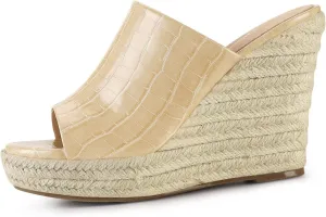 Women's Slip On Espadrille Wedge Open Toe Sandals Vintage Stone Print Comfortable Fish Mouth Slippers Summer Casual Non-Slip Chunky Beach Sandals