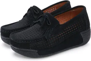 Women's Slip-On Wedge Loafers Round Toe Thick-Soled Breathable Loafers Comfortable Hollow Low-Top Thick-Soled Shoes (Black,8)