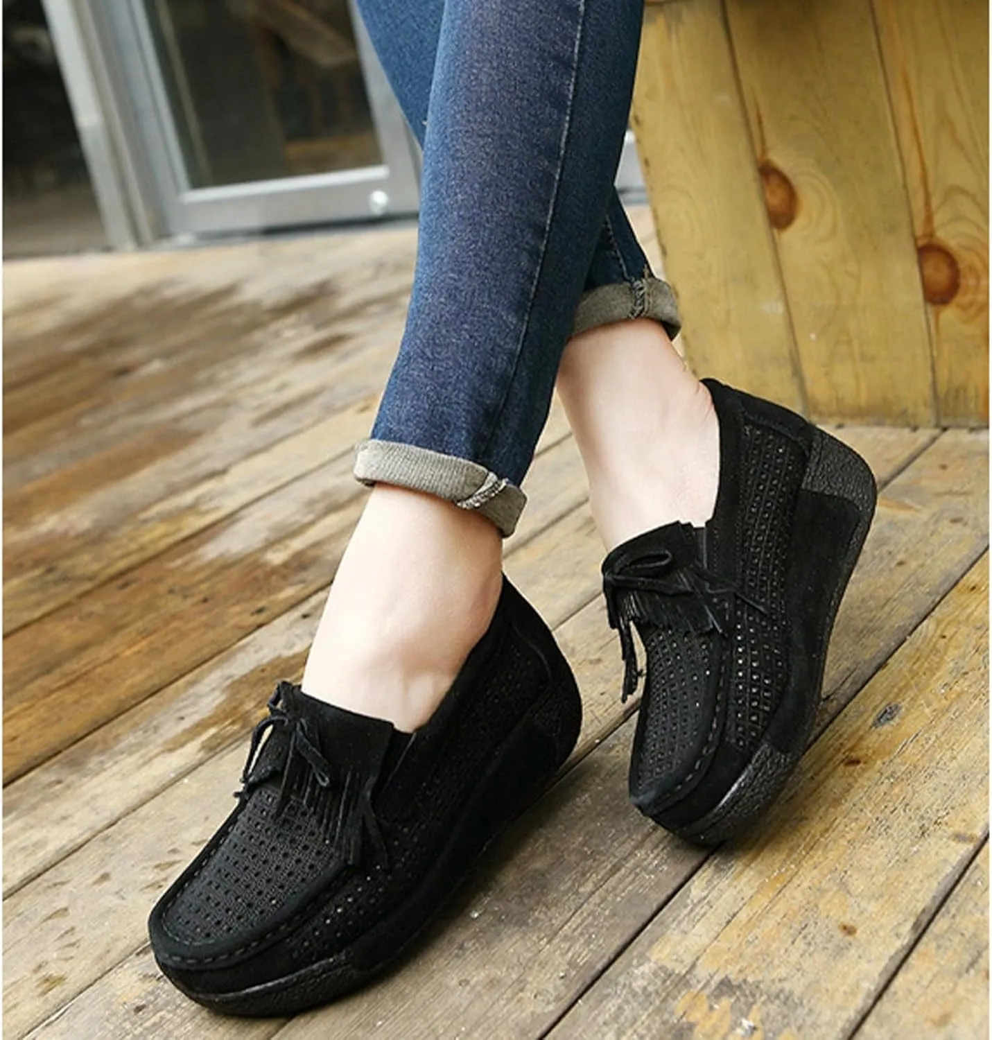 Women's Slip-On Wedge Loafers Round Toe Thick-Soled Breathable Loafers Comfortable Hollow Low-Top Thick-Soled Shoes (Black,8)
