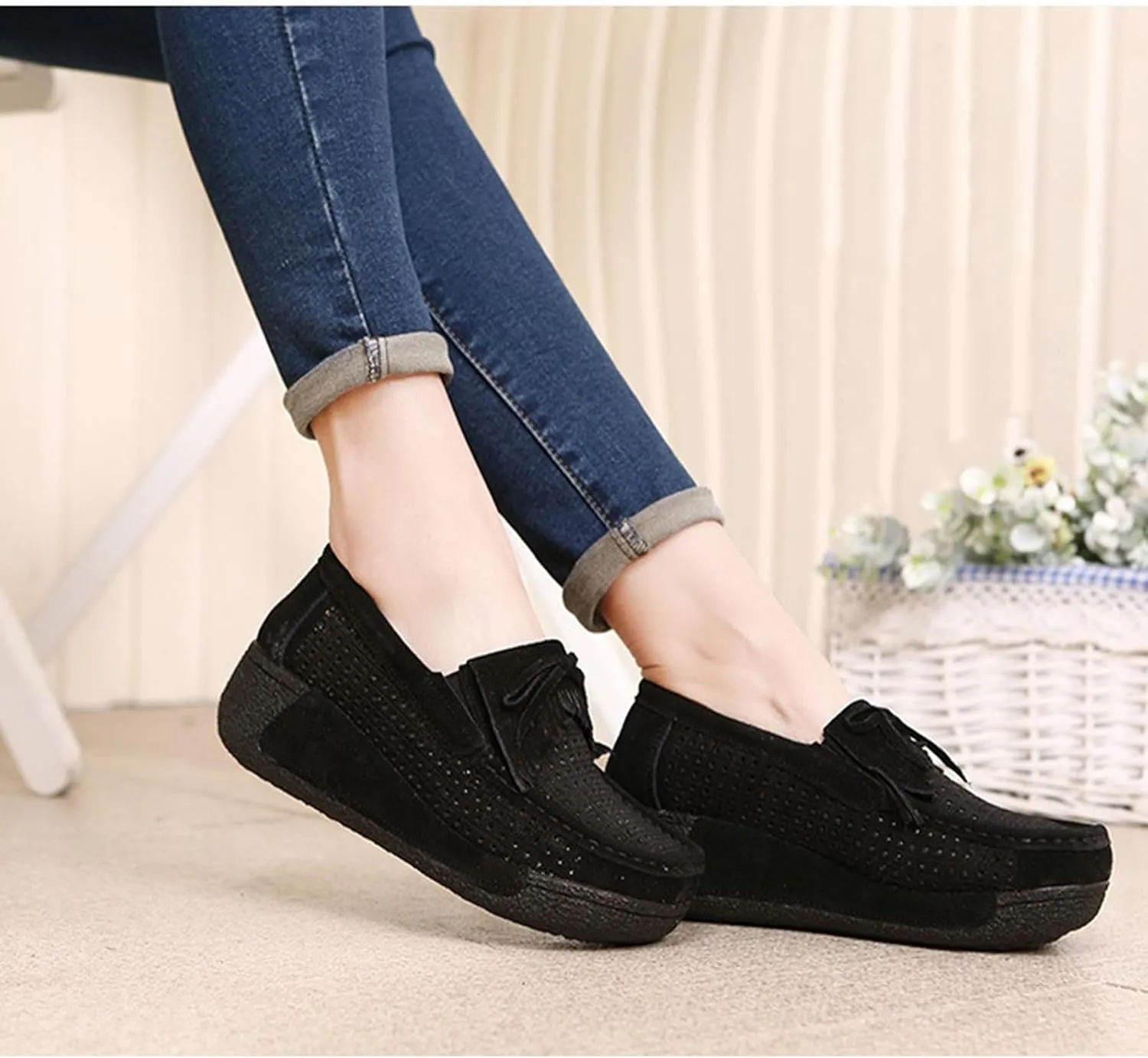 Women's Slip-On Wedge Loafers Round Toe Thick-Soled Breathable Loafers Comfortable Hollow Low-Top Thick-Soled Shoes (Black,8)