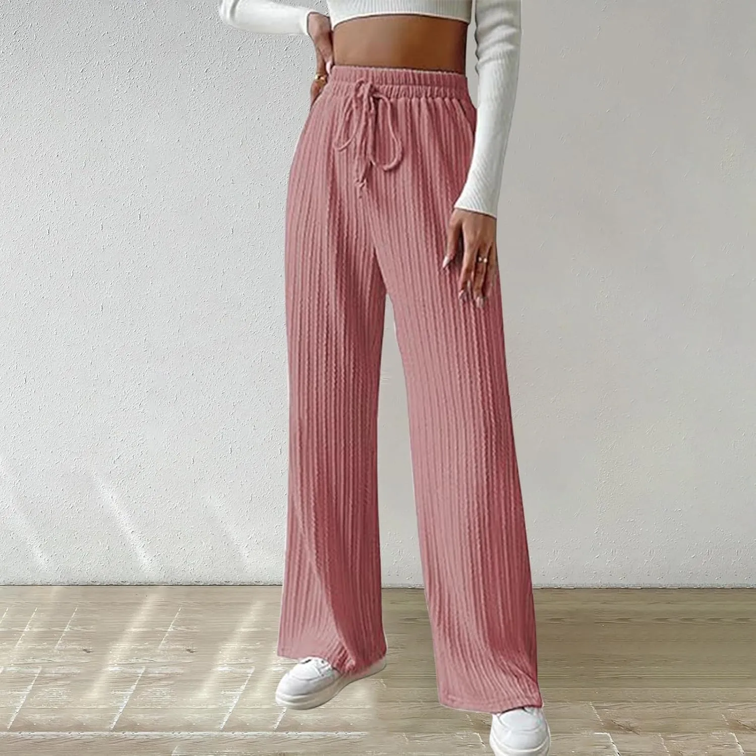 Womens Soft Knited Sweatpants Straight Leg Loose Lounge Trousers Casual Elastic Waist Work Sports Pants