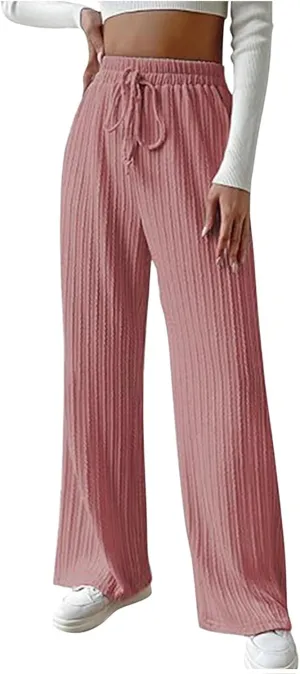 Womens Soft Knited Sweatpants Straight Leg Loose Lounge Trousers Casual Elastic Waist Work Sports Pants