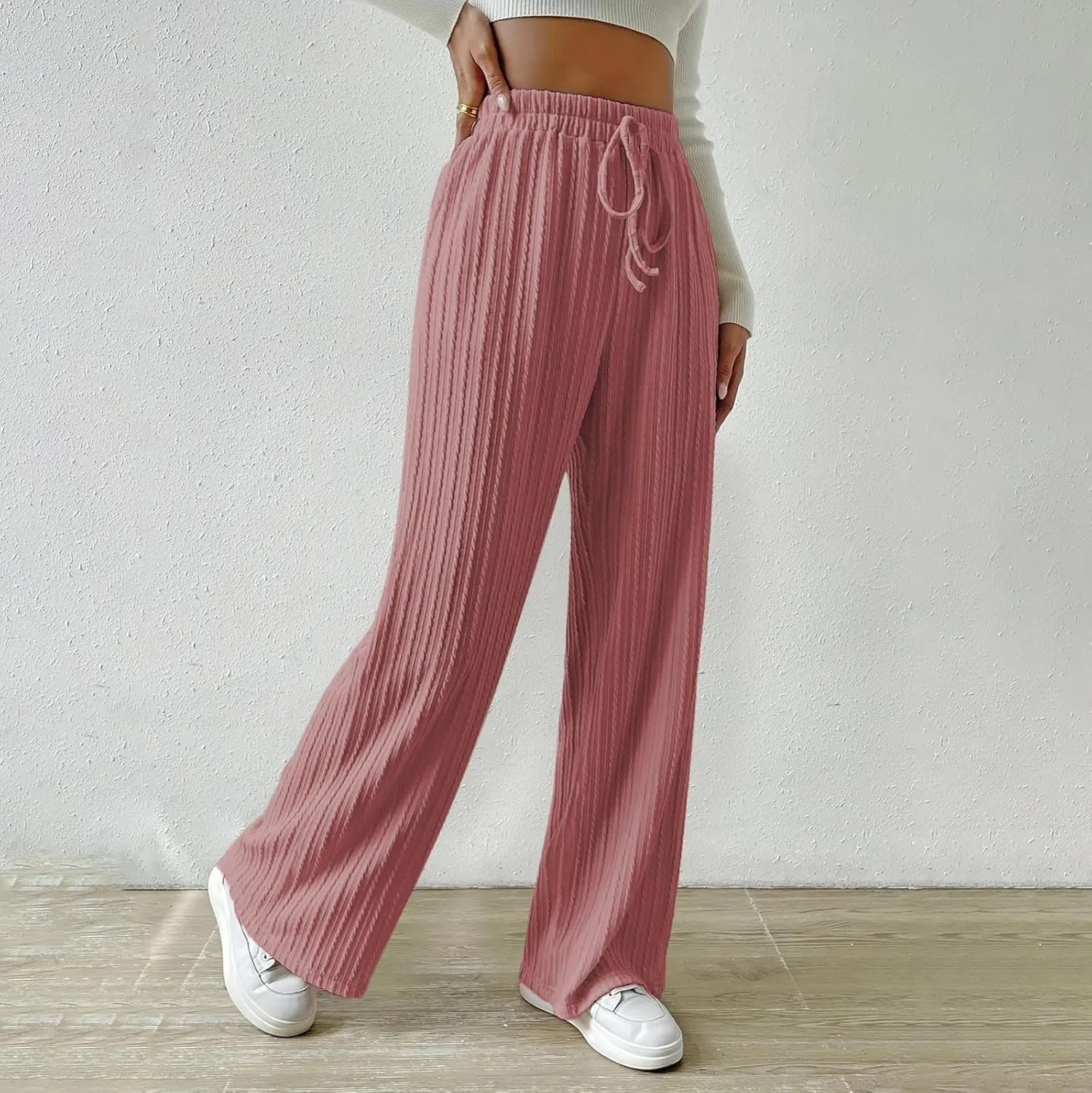 Womens Soft Knited Sweatpants Straight Leg Loose Lounge Trousers Casual Elastic Waist Work Sports Pants