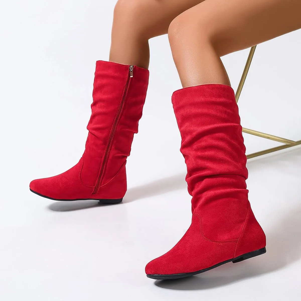 Women's Soft Suede Low Heel Mid Calf Boots | Comfortable Fall Outdoor Footwear with Side Zipper & Non-Slip Sole - Flat Boots,slouch boots for women