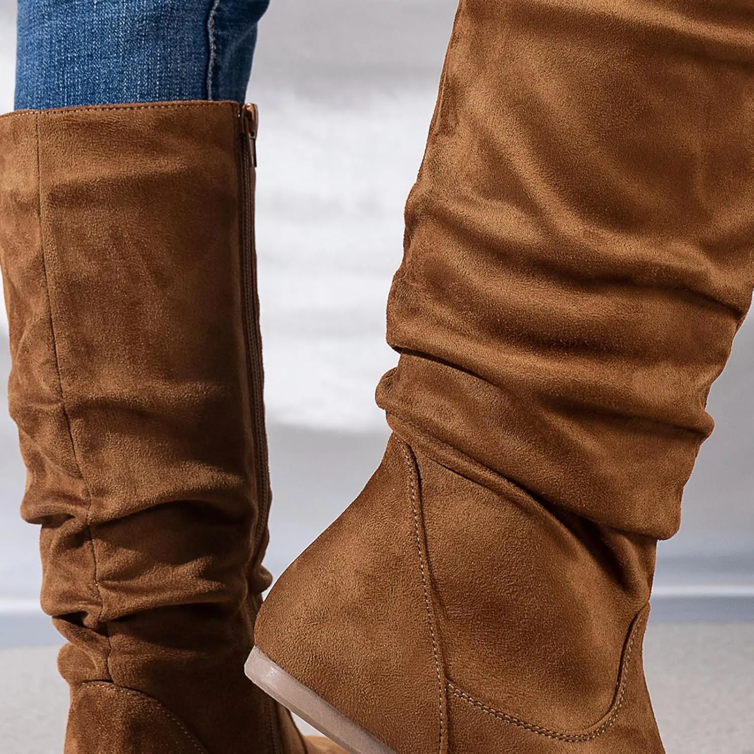 Women's Soft Suede Low Heel Mid Calf Boots | Comfortable Fall Outdoor Footwear with Side Zipper & Non-Slip Sole - Flat Boots,slouch boots for women