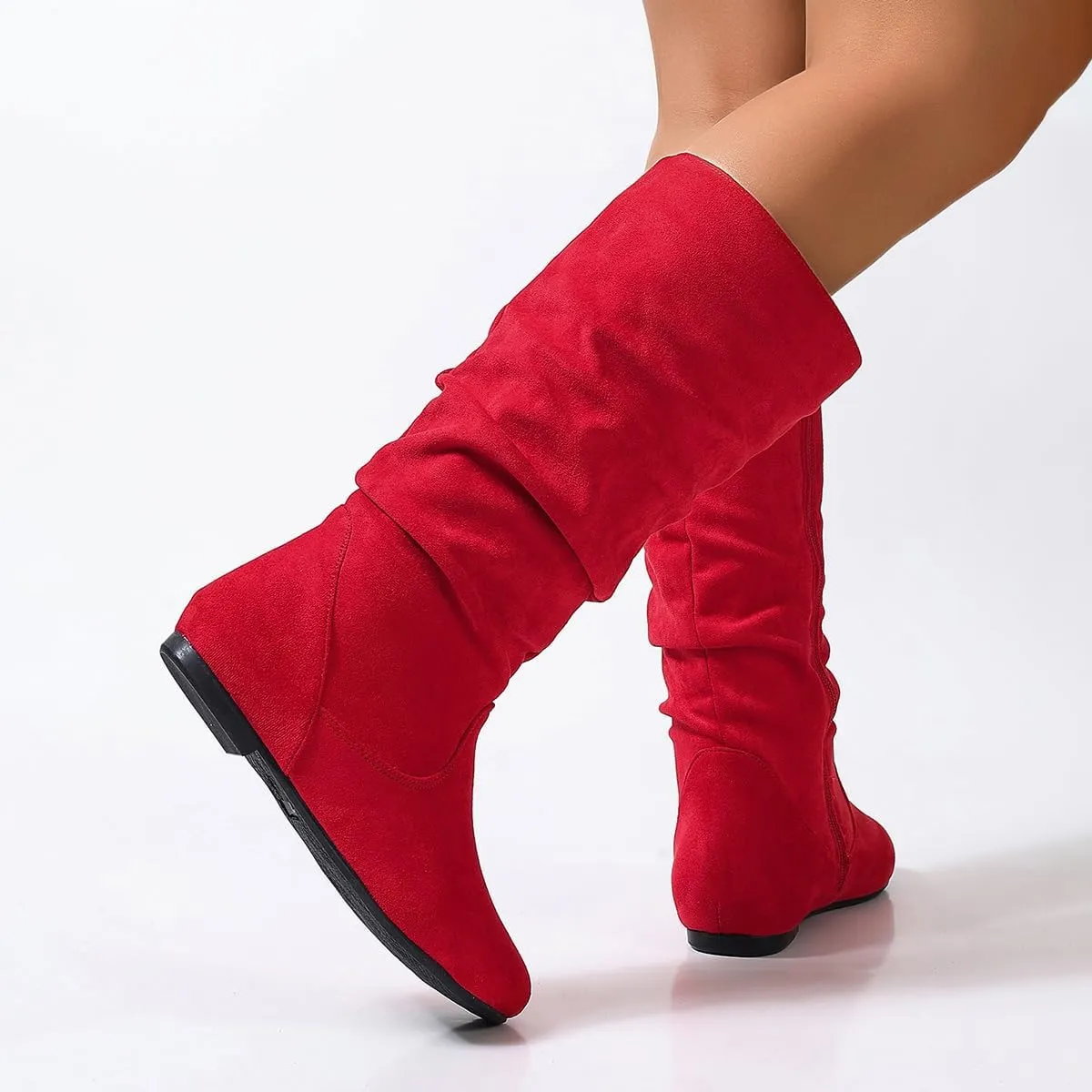 Women's Soft Suede Low Heel Mid Calf Boots | Comfortable Fall Outdoor Footwear with Side Zipper & Non-Slip Sole - Flat Boots,slouch boots for women