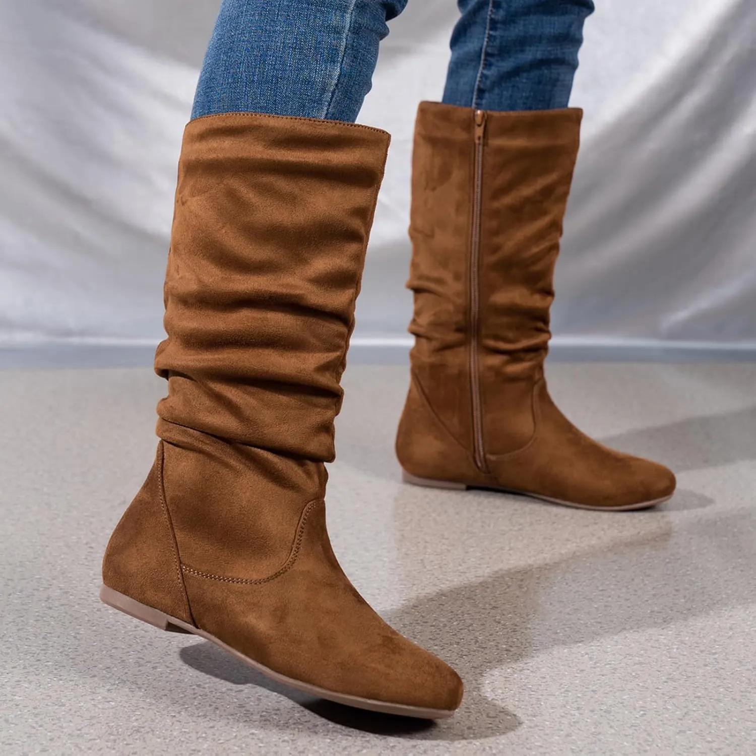 Women's Soft Suede Low Heel Mid Calf Boots | Comfortable Fall Outdoor Footwear with Side Zipper & Non-Slip Sole - Flat Boots,slouch boots for women