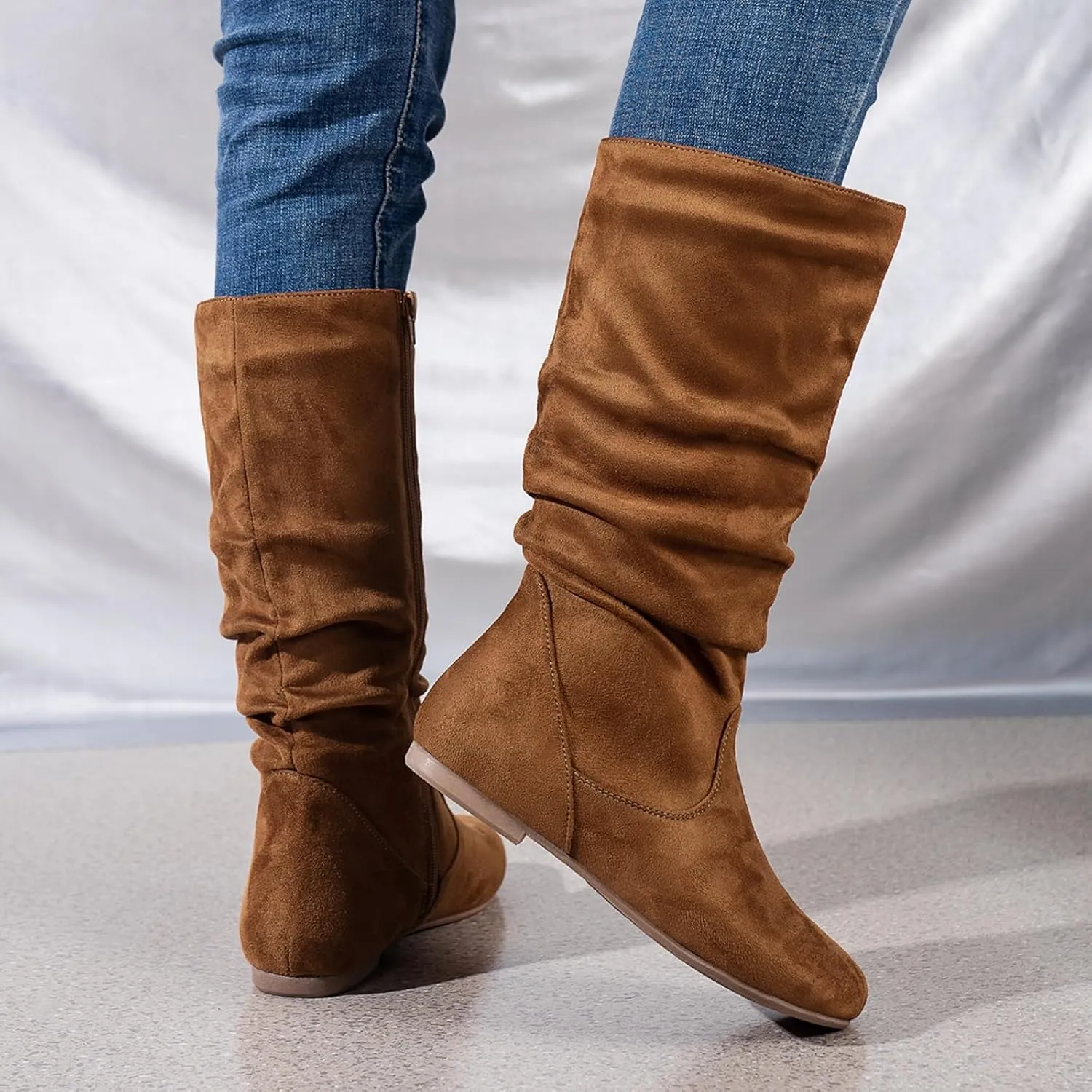 Women's Soft Suede Low Heel Mid Calf Boots | Comfortable Fall Outdoor Footwear with Side Zipper & Non-Slip Sole - Flat Boots,slouch boots for women