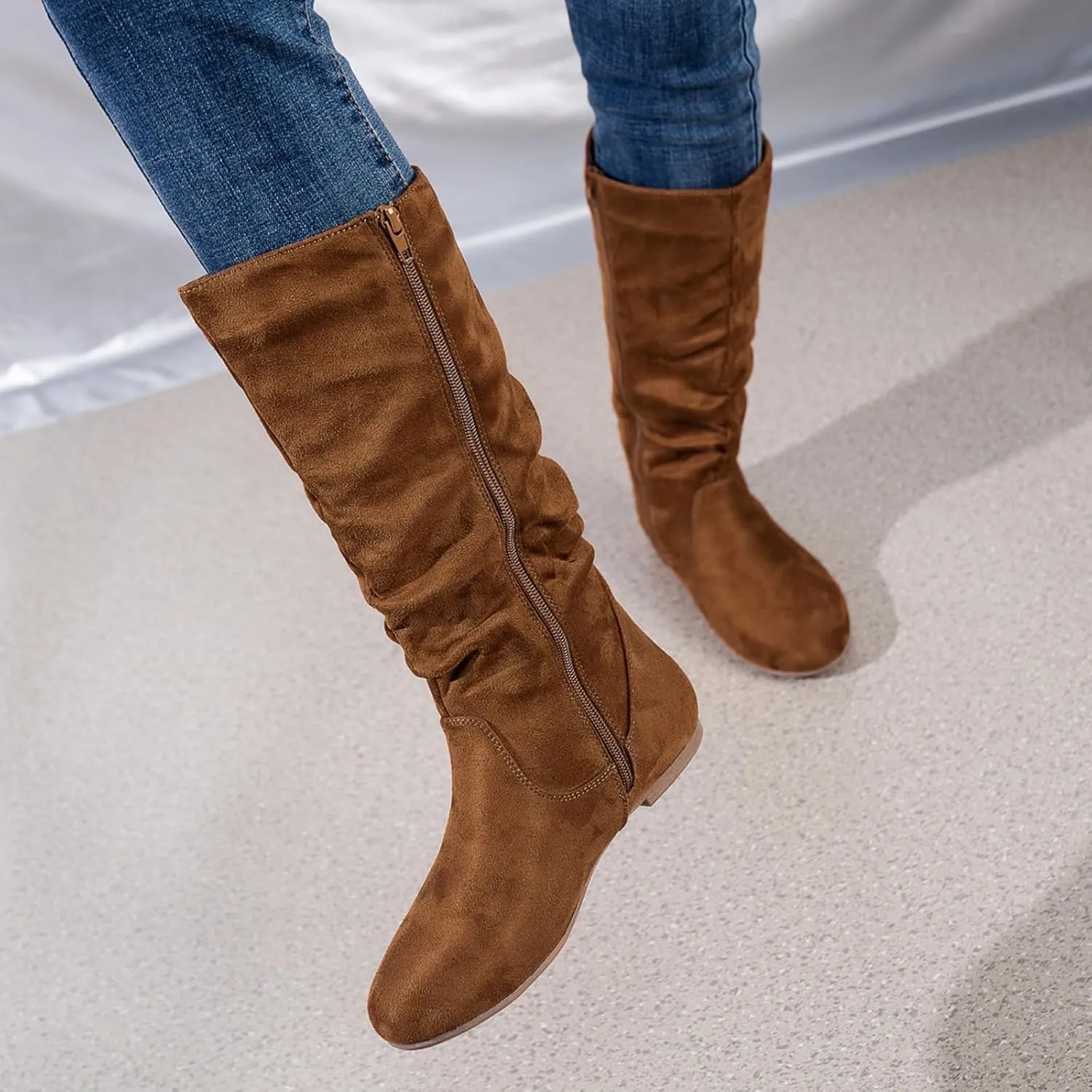 Women's Soft Suede Low Heel Mid Calf Boots | Comfortable Fall Outdoor Footwear with Side Zipper & Non-Slip Sole - Flat Boots,slouch boots for women