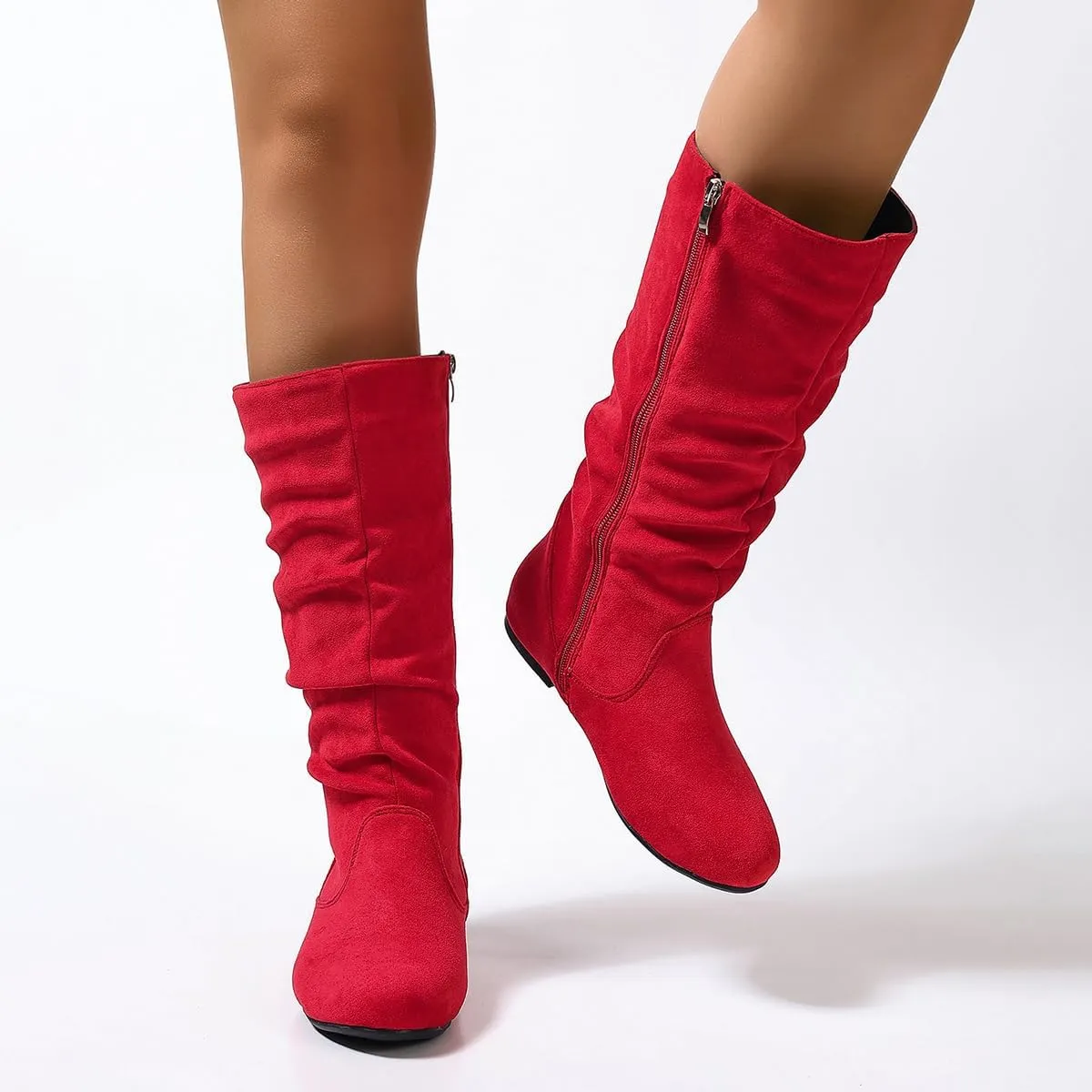 Women's Soft Suede Low Heel Mid Calf Boots | Comfortable Fall Outdoor Footwear with Side Zipper & Non-Slip Sole - Flat Boots,slouch boots for women