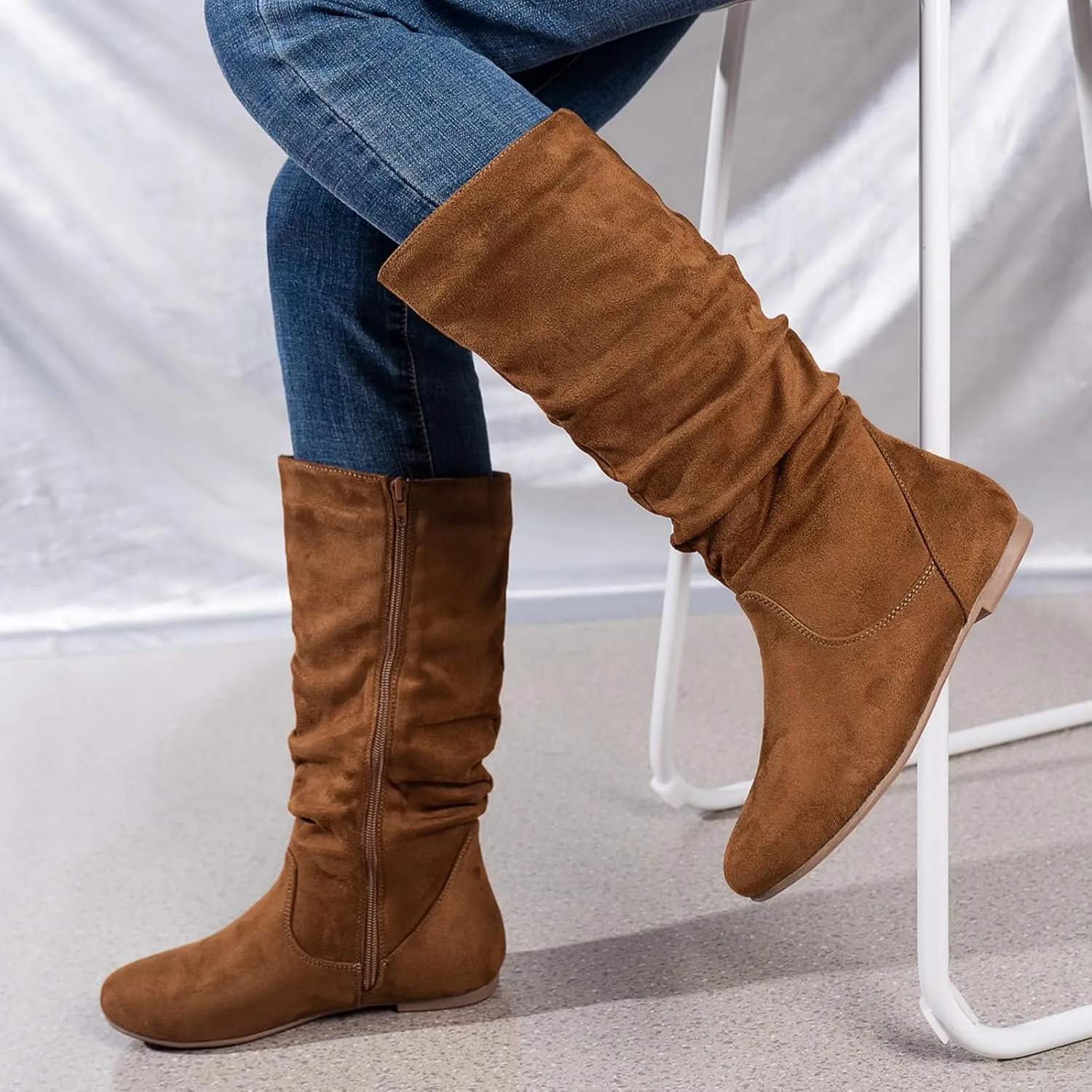 Women's Soft Suede Low Heel Mid Calf Boots | Comfortable Fall Outdoor Footwear with Side Zipper & Non-Slip Sole - Flat Boots,slouch boots for women