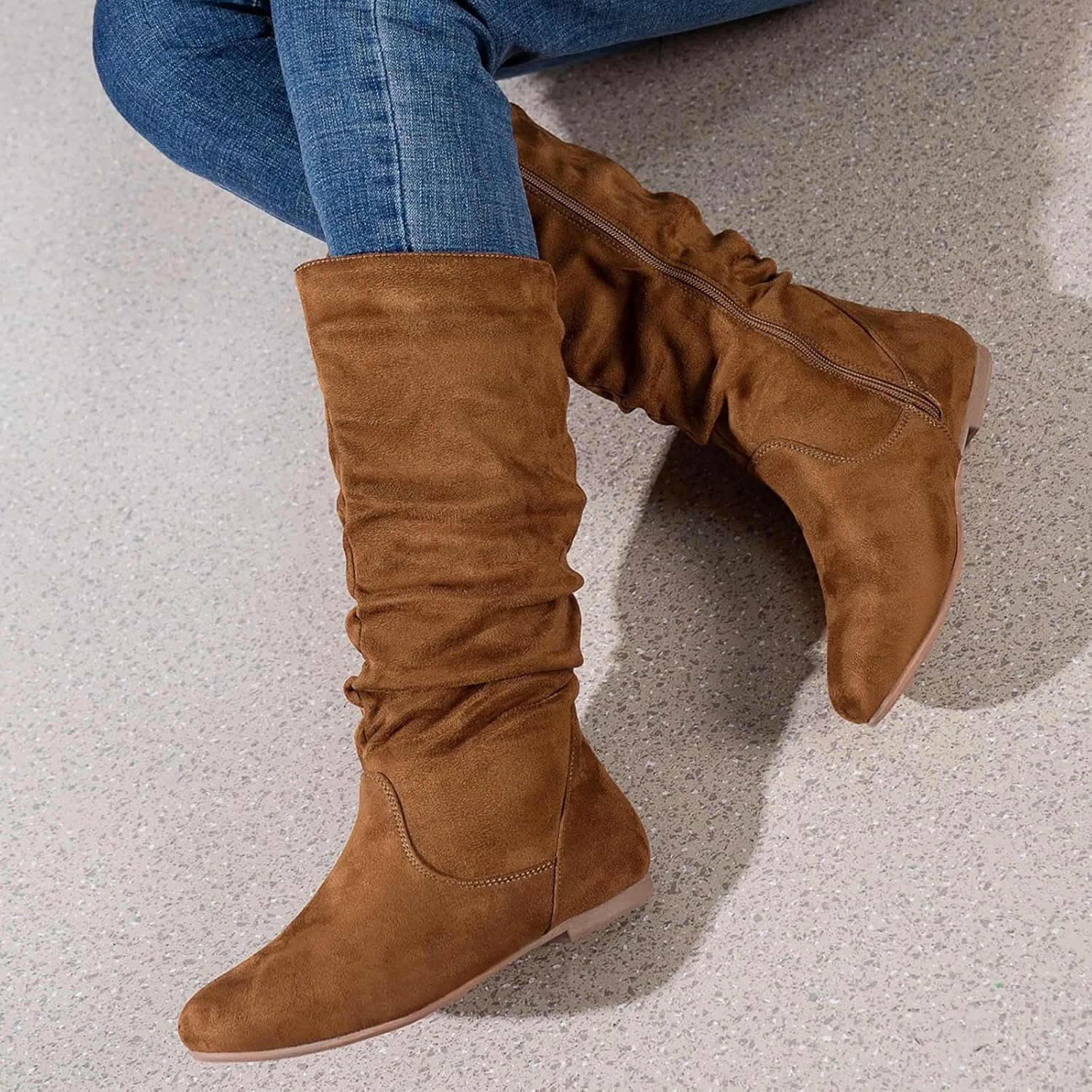 Women's Soft Suede Low Heel Mid Calf Boots | Comfortable Fall Outdoor Footwear with Side Zipper & Non-Slip Sole - Flat Boots,slouch boots for women