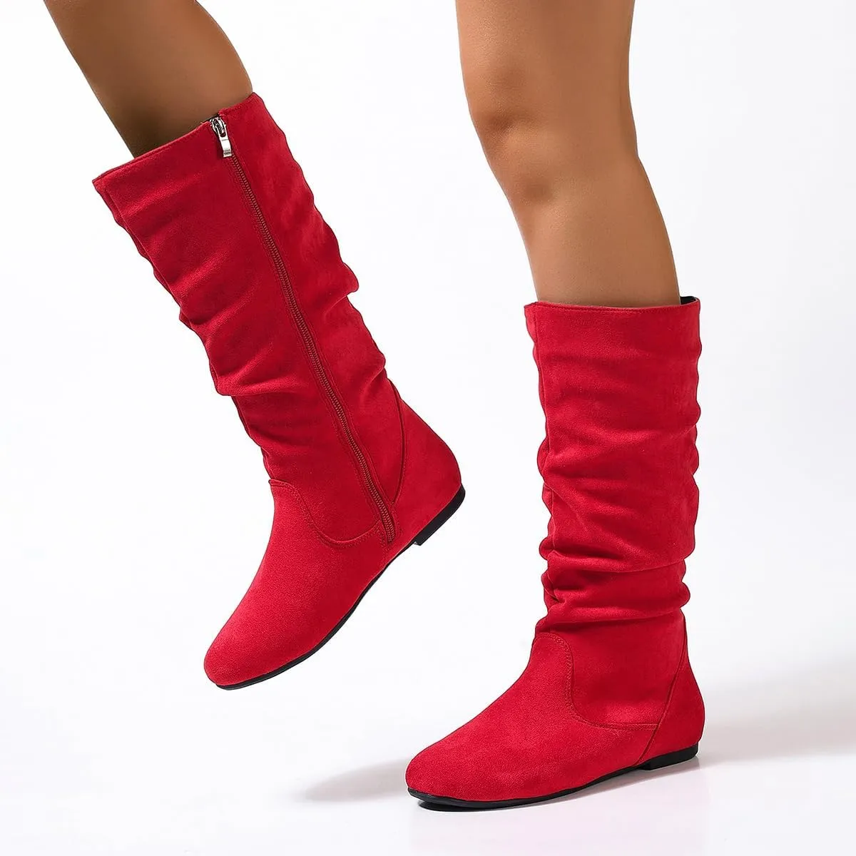 Women's Soft Suede Low Heel Mid Calf Boots | Comfortable Fall Outdoor Footwear with Side Zipper & Non-Slip Sole - Flat Boots,slouch boots for women