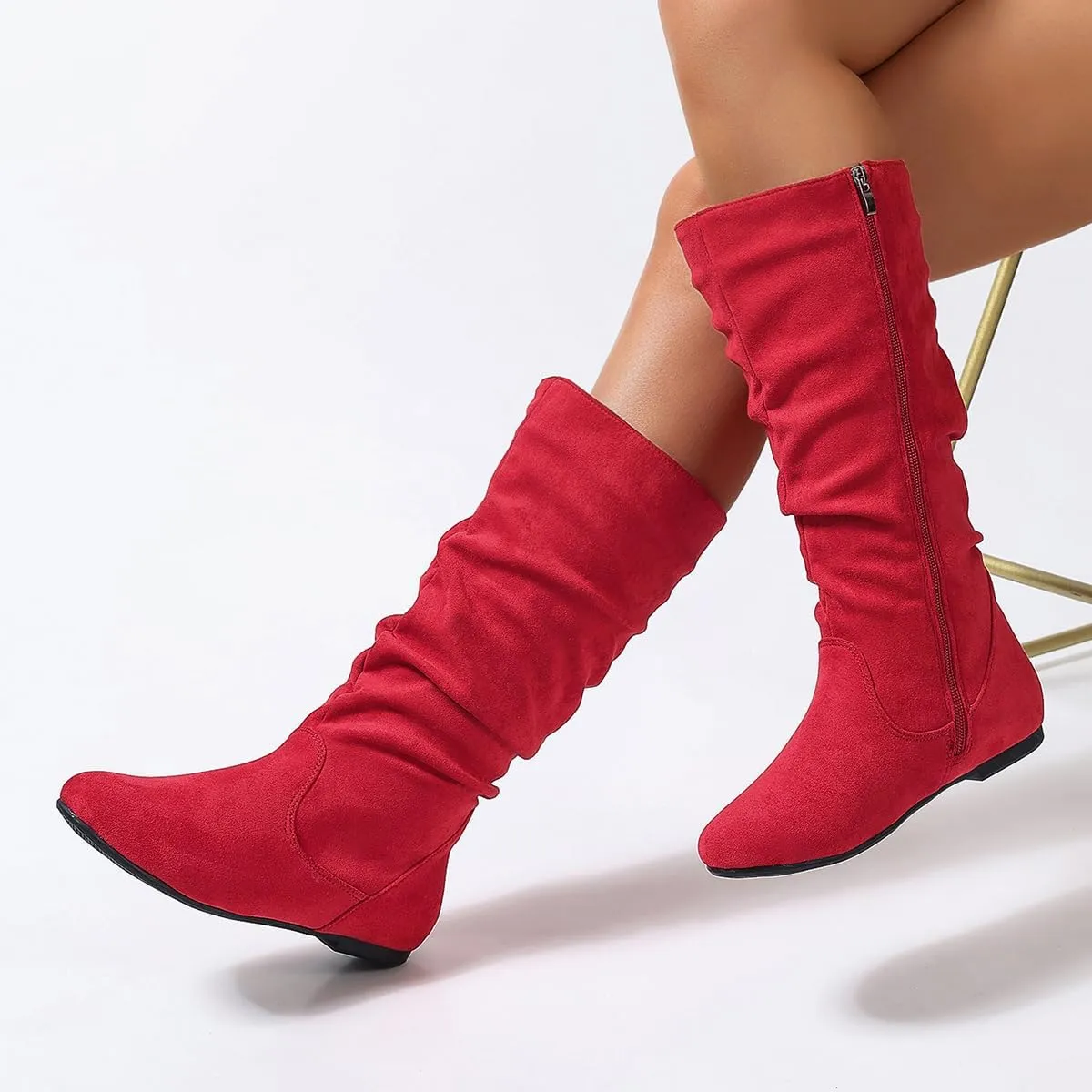 Women's Soft Suede Low Heel Mid Calf Boots | Comfortable Fall Outdoor Footwear with Side Zipper & Non-Slip Sole - Flat Boots,slouch boots for women