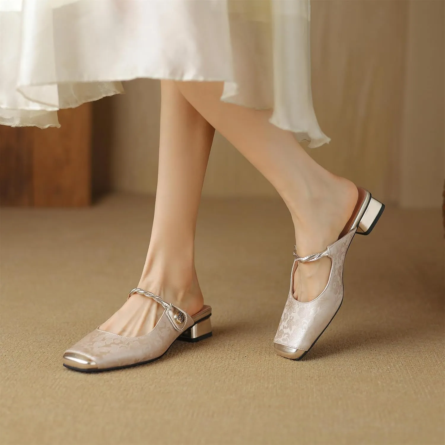 Women's Square Cap Closed Toe Cross Strap Slip-On Embroidery Pumps Low Block Heel Slide Hook & Loop Fastener Mules Classic Work Office Church Comfort Shoes Dress Party Sandals