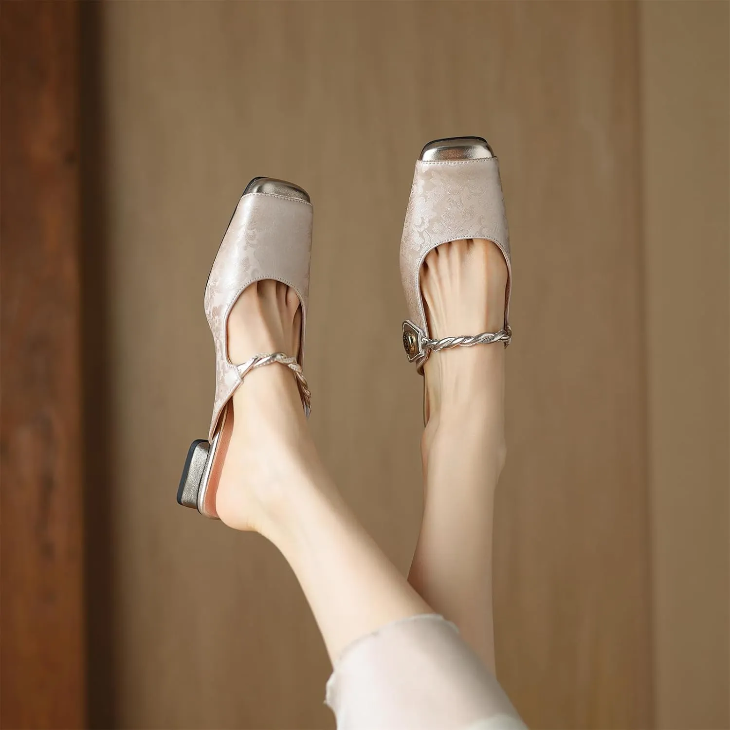 Women's Square Cap Closed Toe Cross Strap Slip-On Embroidery Pumps Low Block Heel Slide Hook & Loop Fastener Mules Classic Work Office Church Comfort Shoes Dress Party Sandals