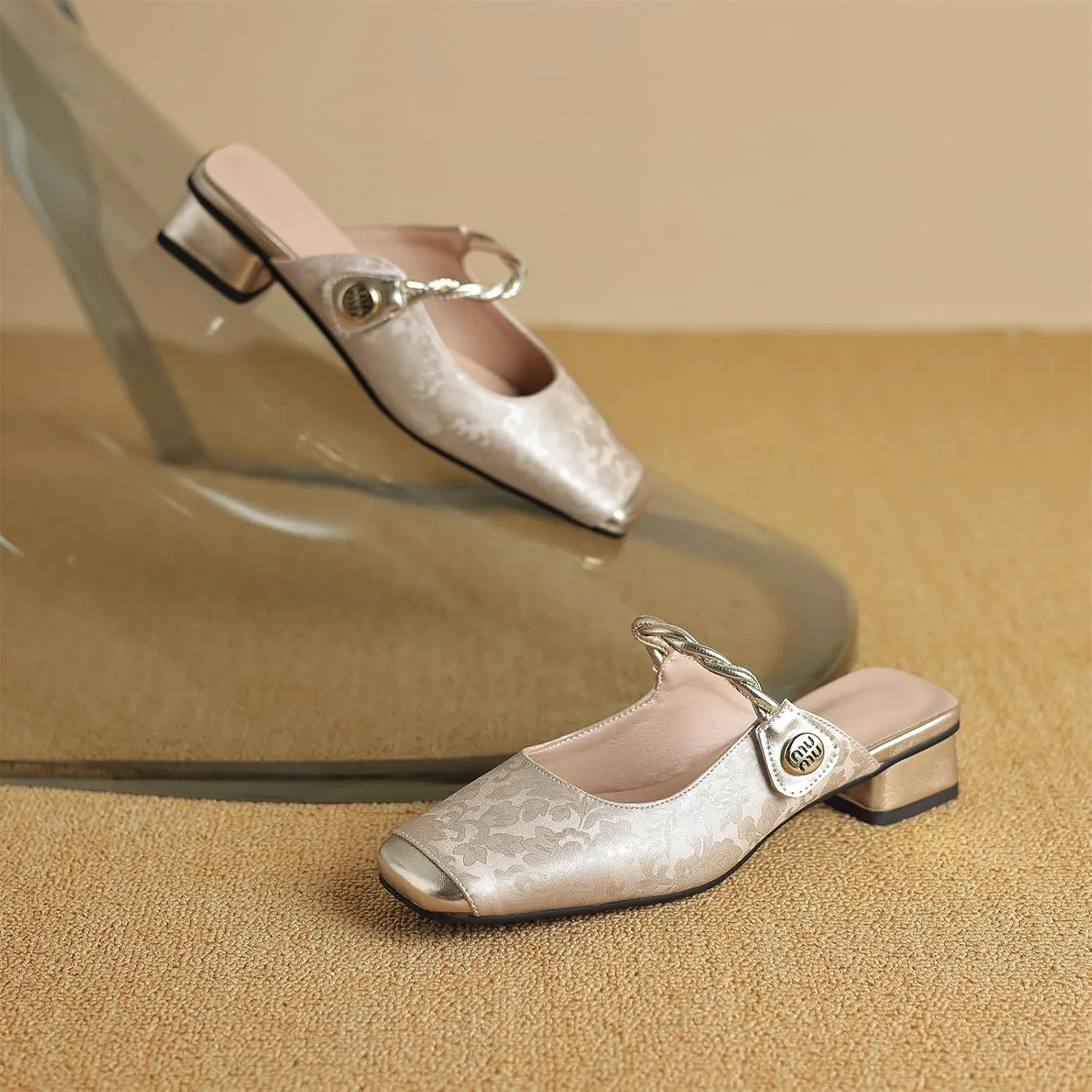 Women's Square Cap Closed Toe Cross Strap Slip-On Embroidery Pumps Low Block Heel Slide Hook & Loop Fastener Mules Classic Work Office Church Comfort Shoes Dress Party Sandals