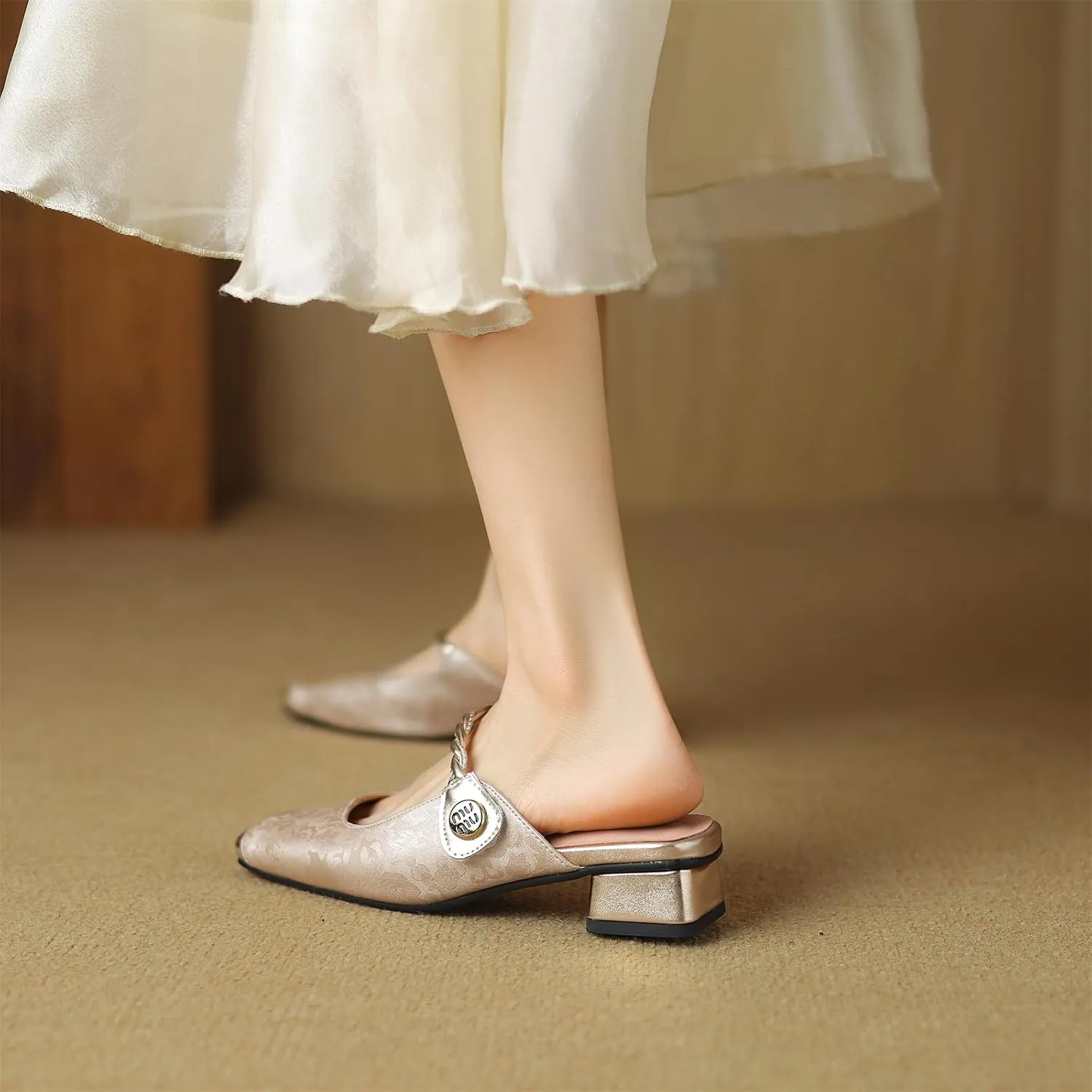 Women's Square Cap Closed Toe Cross Strap Slip-On Embroidery Pumps Low Block Heel Slide Hook & Loop Fastener Mules Classic Work Office Church Comfort Shoes Dress Party Sandals