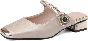 Women's Square Cap Closed Toe Cross Strap Slip-On Embroidery Pumps Low Block Heel Slide Hook & Loop Fastener Mules Classic Work Office Church Comfort Shoes Dress Party Sandals