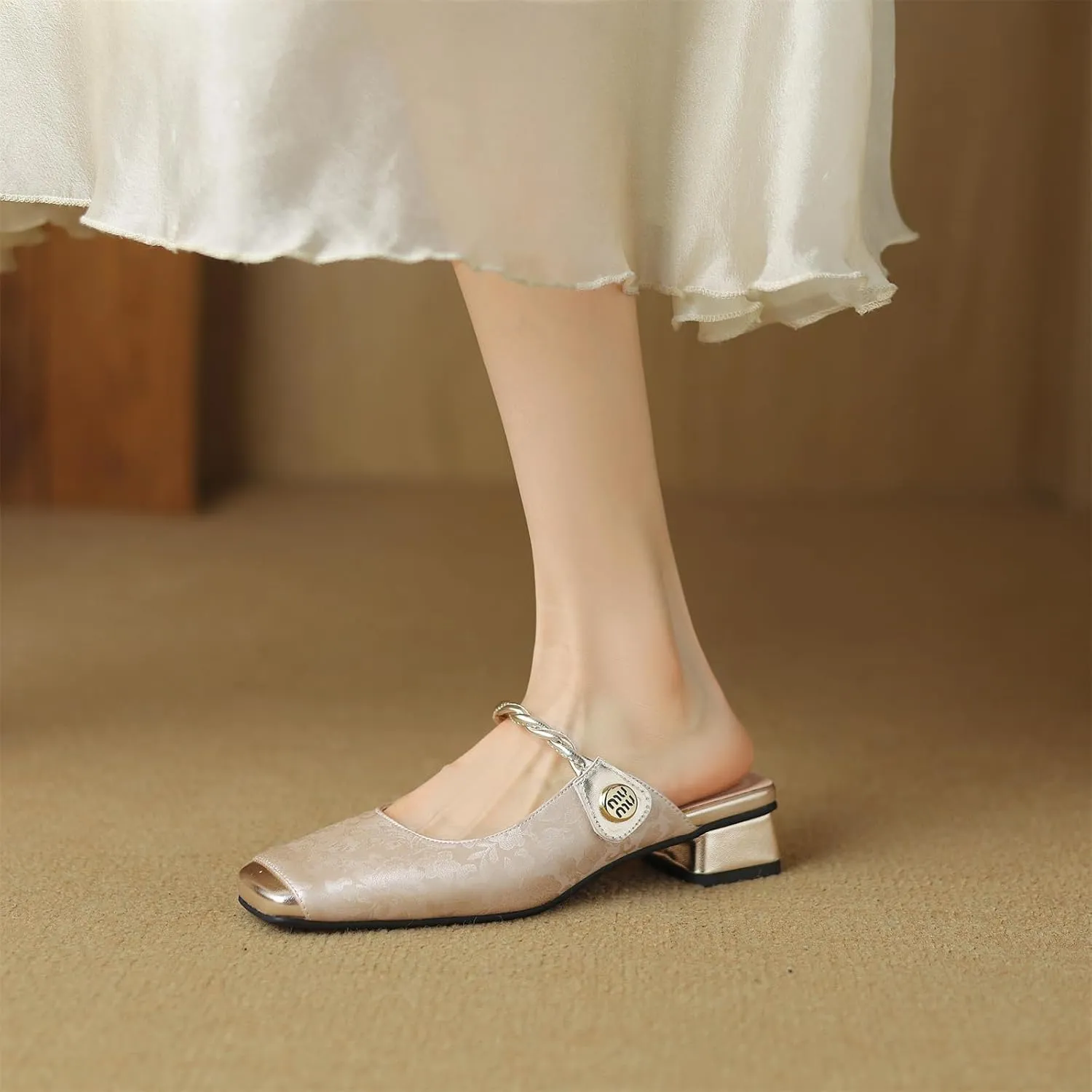 Women's Square Cap Closed Toe Cross Strap Slip-On Embroidery Pumps Low Block Heel Slide Hook & Loop Fastener Mules Classic Work Office Church Comfort Shoes Dress Party Sandals