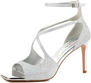 Women's Square Open Toe Strappy Stilettos Heels Buckle Ankle Strap Cross Sexy High Heels Sandals for Women